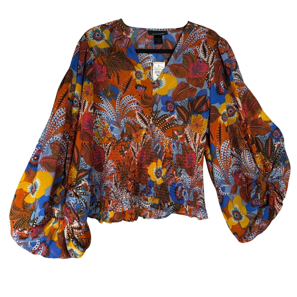 Ashley Stewart Floral Smocked Waist Balloon Sleeve Blouse Multi Color 10/12 NWT